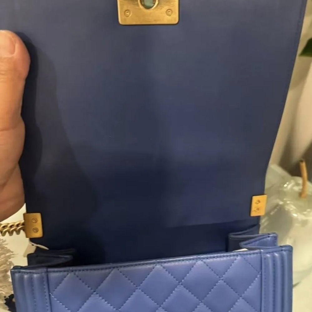 Chanel Boy North South Vertical Bag Blue Quilted Lambskin Gold HardwareAuthentic - Picture 10 of 17
